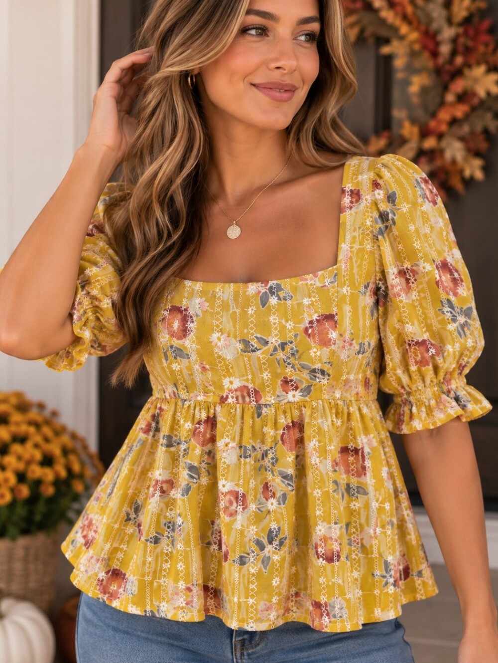 Mustard Yellow Floral Embroidered Babydoll Square Neck Puff Sleeve Top Medium